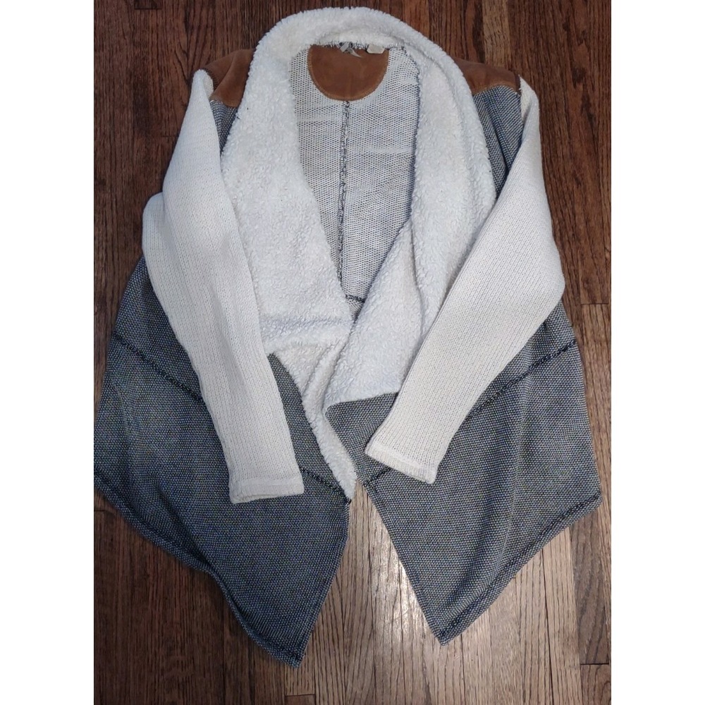 BKE Sherpa Lined Waterfall Cardigan Sweater Wms XL Gray White Knit Faux Suede